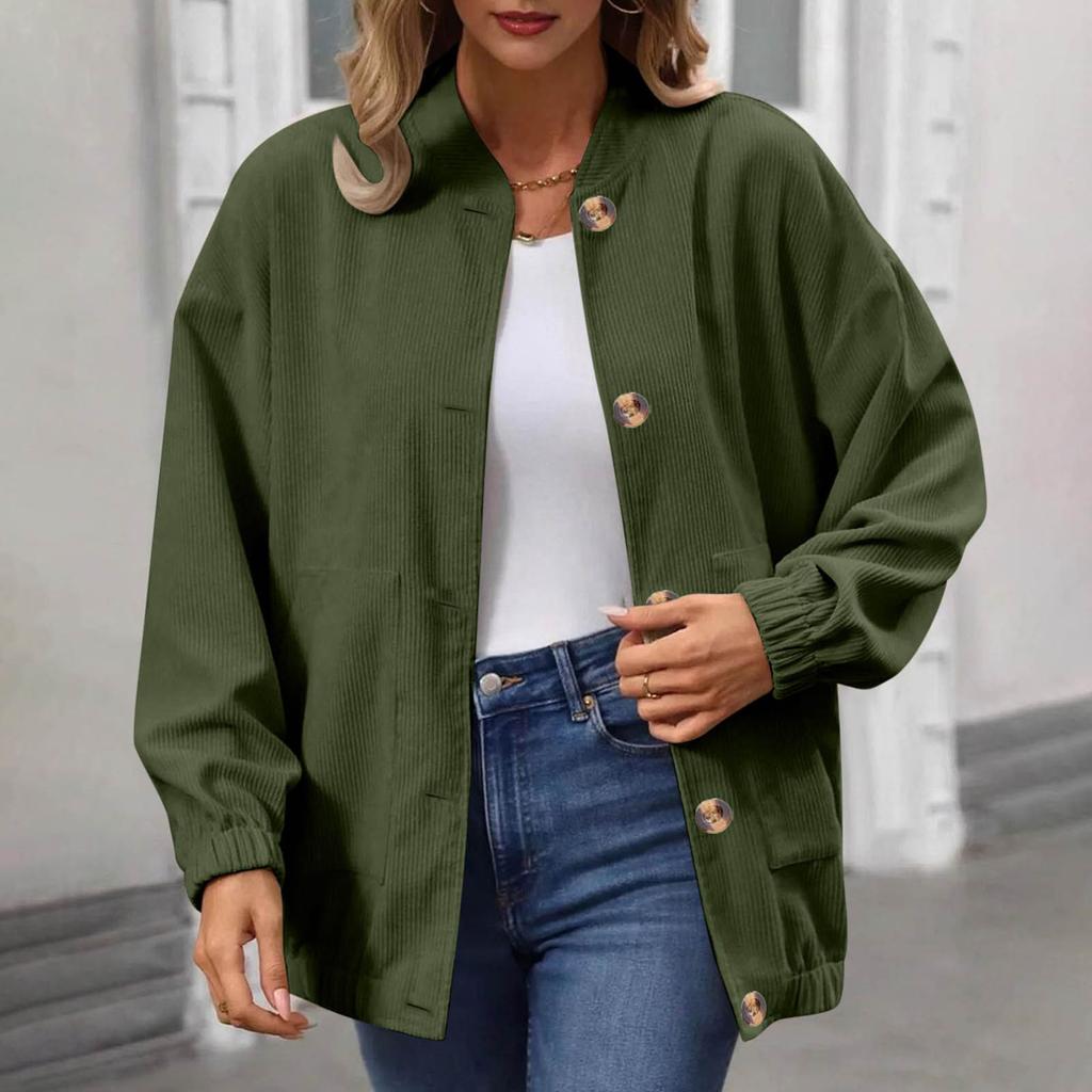 Women's Fashionable Solid Color Long Sleeved Button Jacket With Baseball Stand Up Collar Pocket Casual Jacket