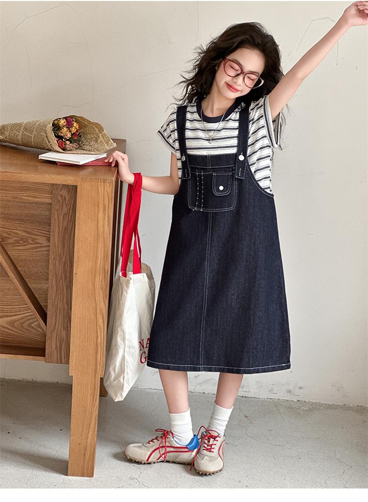 Girls' Cowboy Strap Skirt Set 2026 Summer Korean Edition Striped Short Sleeve Two Piece Set Girls' Casual Dress