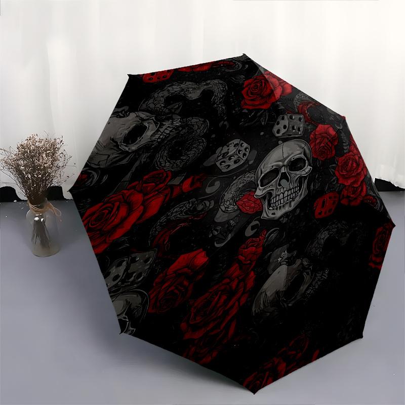 Skull Roses Automatic Folding Umbrella  8 Ribs, Durable Iron Frame, Bright Color Pattern Compact Travel Umbrella, Suitable for Outdoor, Beac