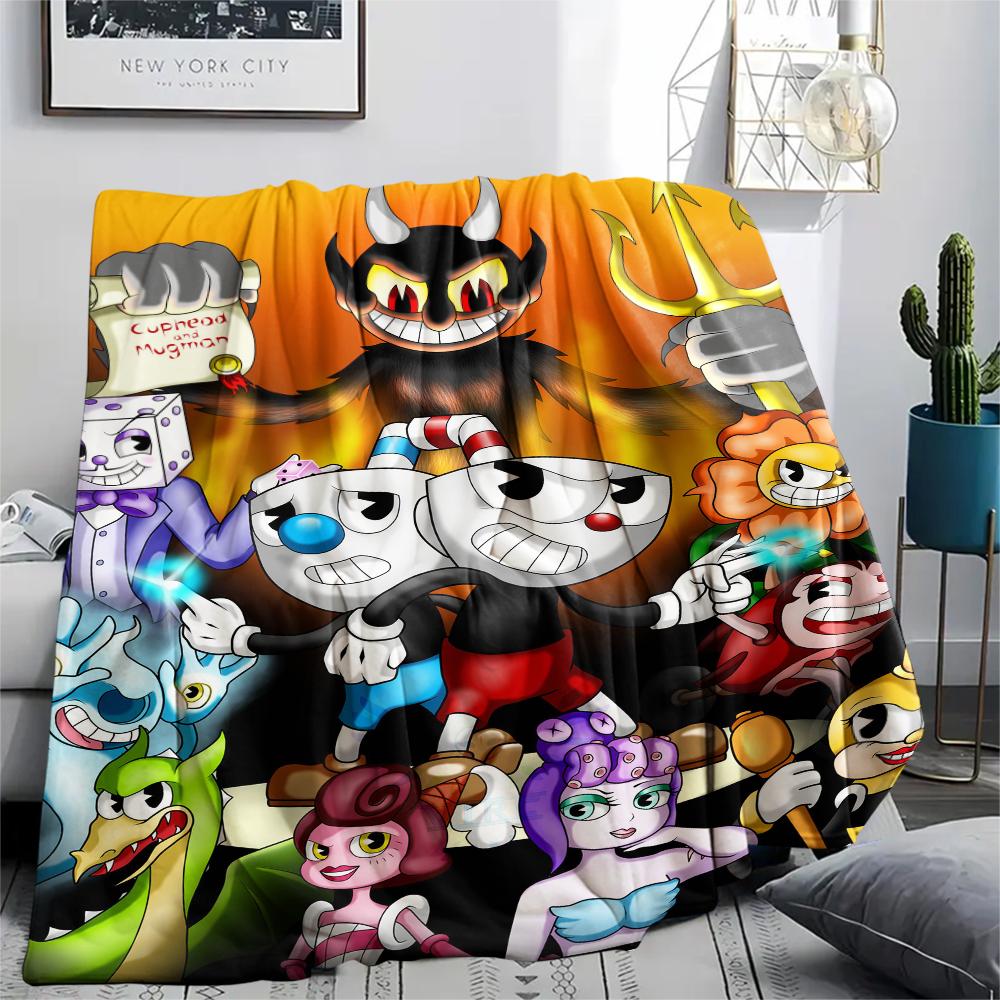 1Pc Cuphead Print Flannel Blanket, High Quality Comfortable for All Seasons, Home Decor, Warmth and Comfort, Perfect for Christmas Gifts