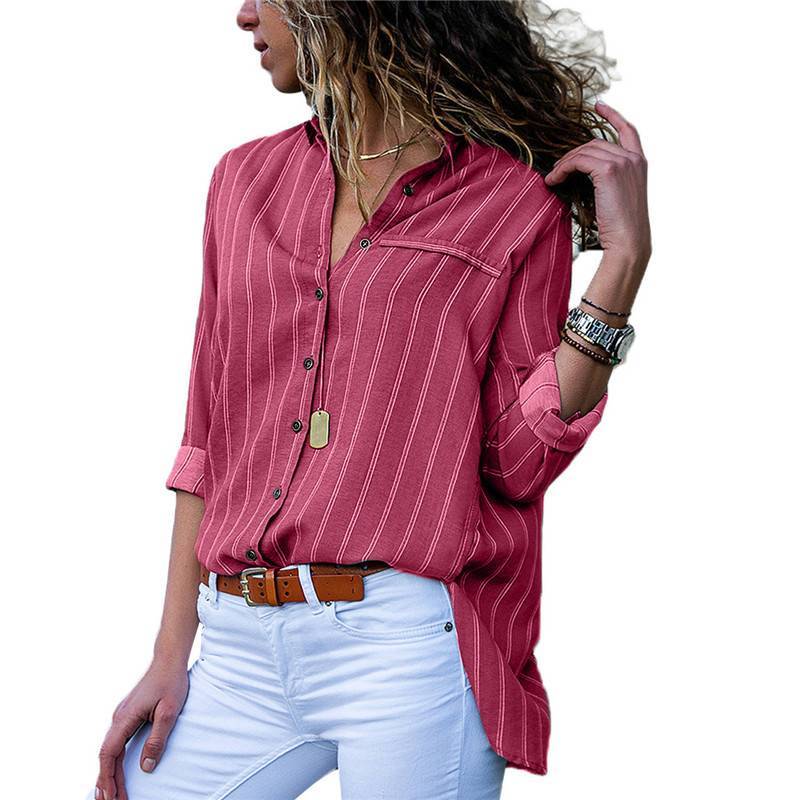 Women Autumn Striped Floral Long Sleeve Button V Neck T Shirt For Casual Chic