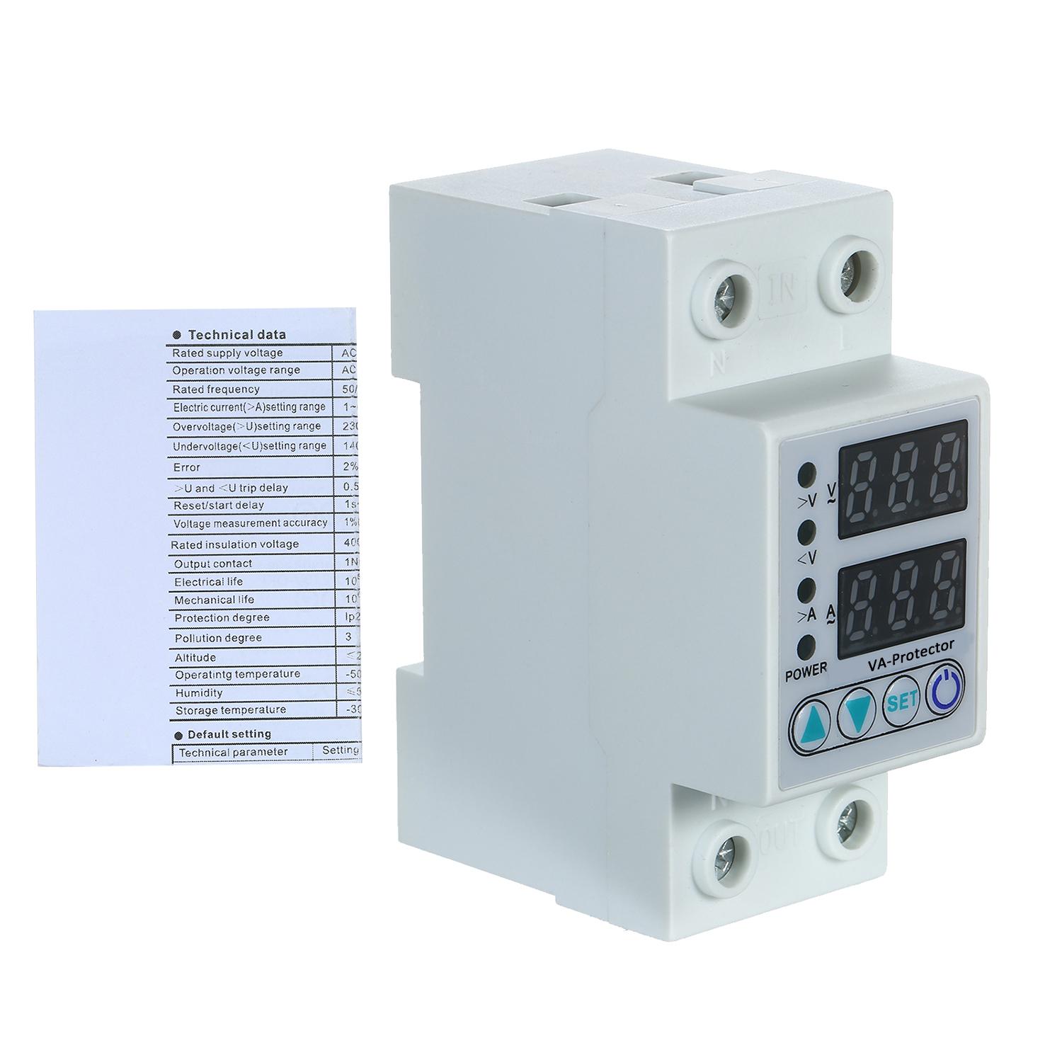 

63A 220V Din Rail Adjustable Over Voltage and Under Voltage Protective Device Protector Relay Over Current Protection Home Usage 63A