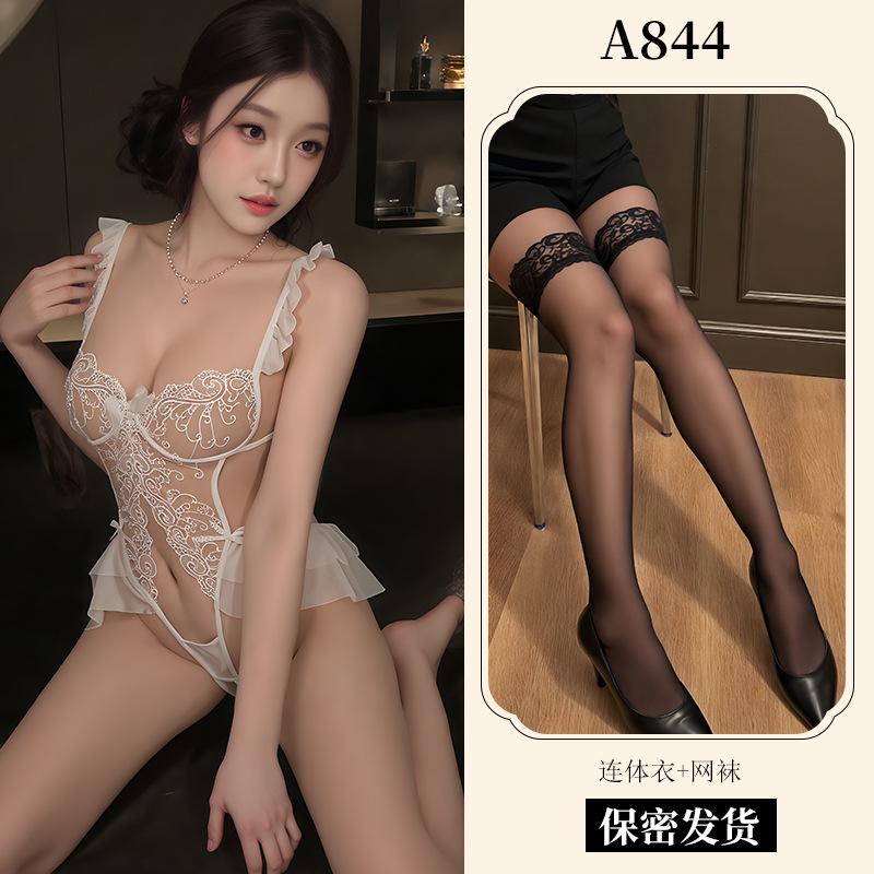 Sexy Lingerie Sexy Lace Embroidered Onesie Women's Hollow Open Pajamas Hot Seduction Uniform A