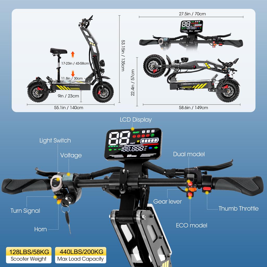 Patinete eléctrico T116 plus con motor de 8000 W, batería de 60 V y 40 Ah, velocidad máxima de 88 km/h, autonomía de 90 km, neumáticos de 14 pulgadas y diseño plegable.