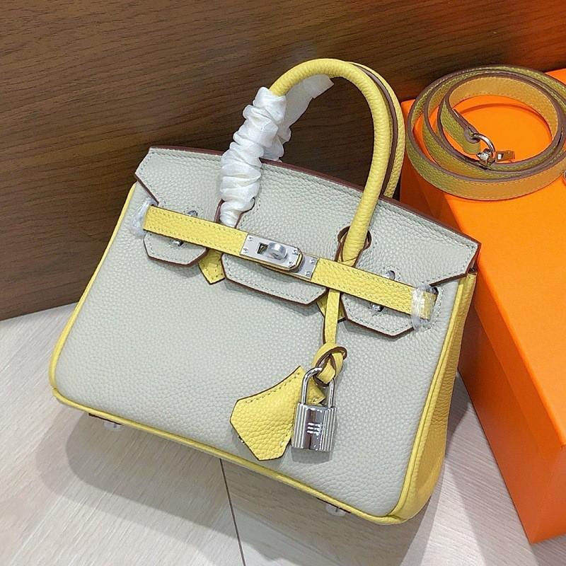 Womens Togo Top Grain Leather Handbag Contrast Color Fashion Shoulder Crossbody Bag