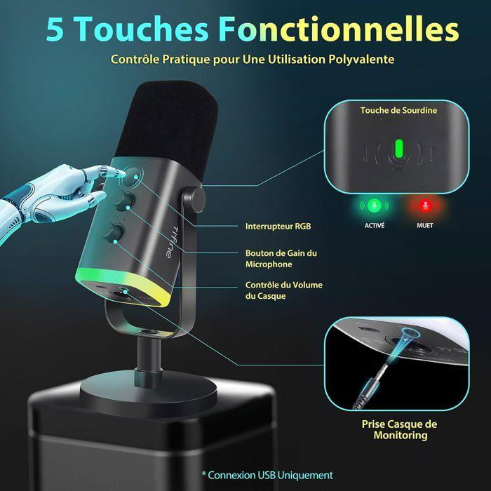 Microphone USB - FIFINE - Modèle Condensateur - RGB - Touche Muette - Prise Casque