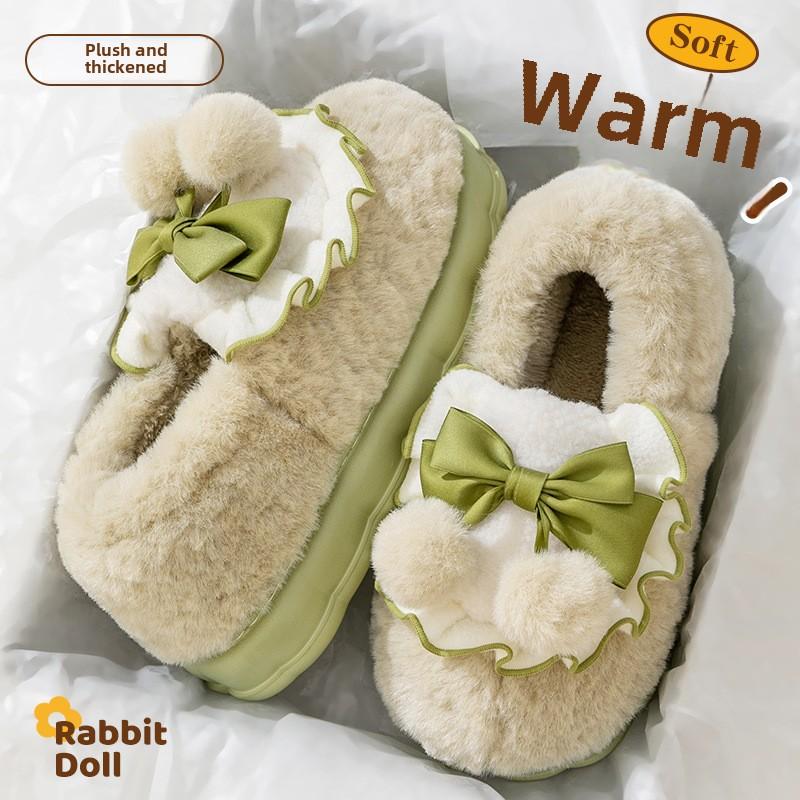 Fashion Fashion Cute Pretty Bow Women Slippers Indoor Winter Soft Sole Exquisite Warm Graceful Causal Quality Comfy Flat Cotton Slippers