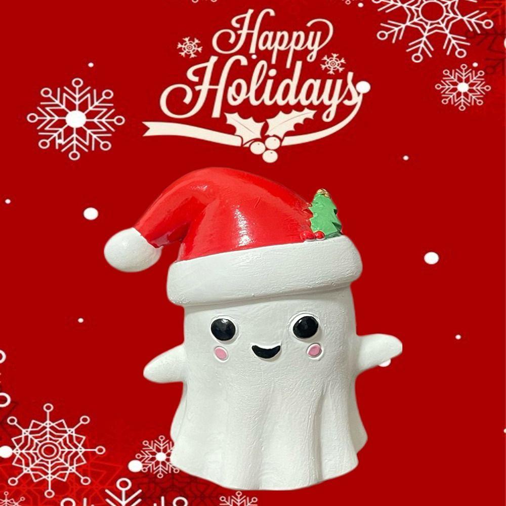 Cartoon Christmas Hat Ghost Figurine Mini Ghost Car Ornament Christmas Ghost Resin Ornament  Desk