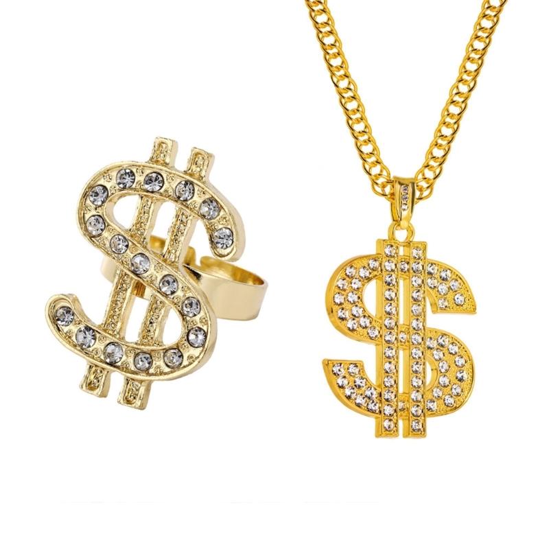 2Pcs Hip Hop Jewelry Set Dollar Sign Pendant Necklace and Finger Rings 80s/90s Outfits Cool Rapper Accessories Unisex 1