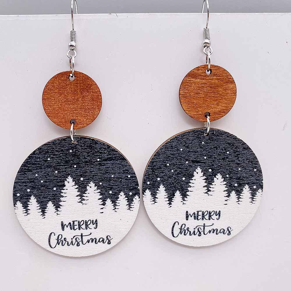 Retro Wooden Christmas Earrings: Geometric Patchwork with Snowman, Tree, and Snow Designs