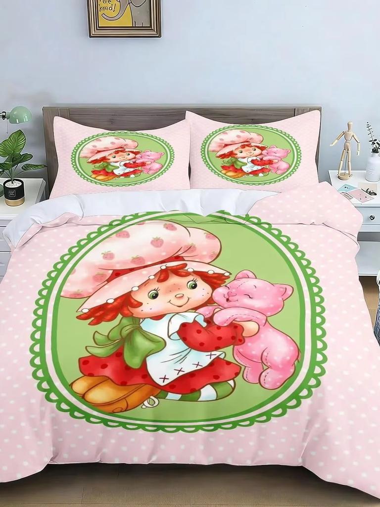3D Cute Girls Strawberry Shortcake Bedding Set Colorful Cartoon Strawberry Girl Pattern Duvet Cover Pillowcase Home Decor Room