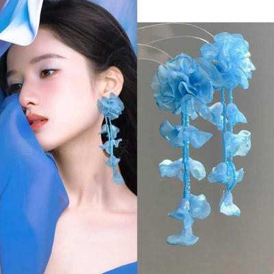 Chiffon Flower Rice Bead Fringed Earrings Fashion Temperament Stud Earrings Simple High Sense Versatile Earrings