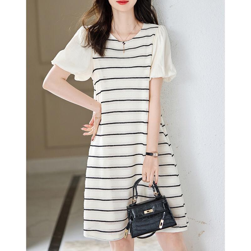 Demana Women's Striped Patchwork Puff Sleeve A-Line Dress