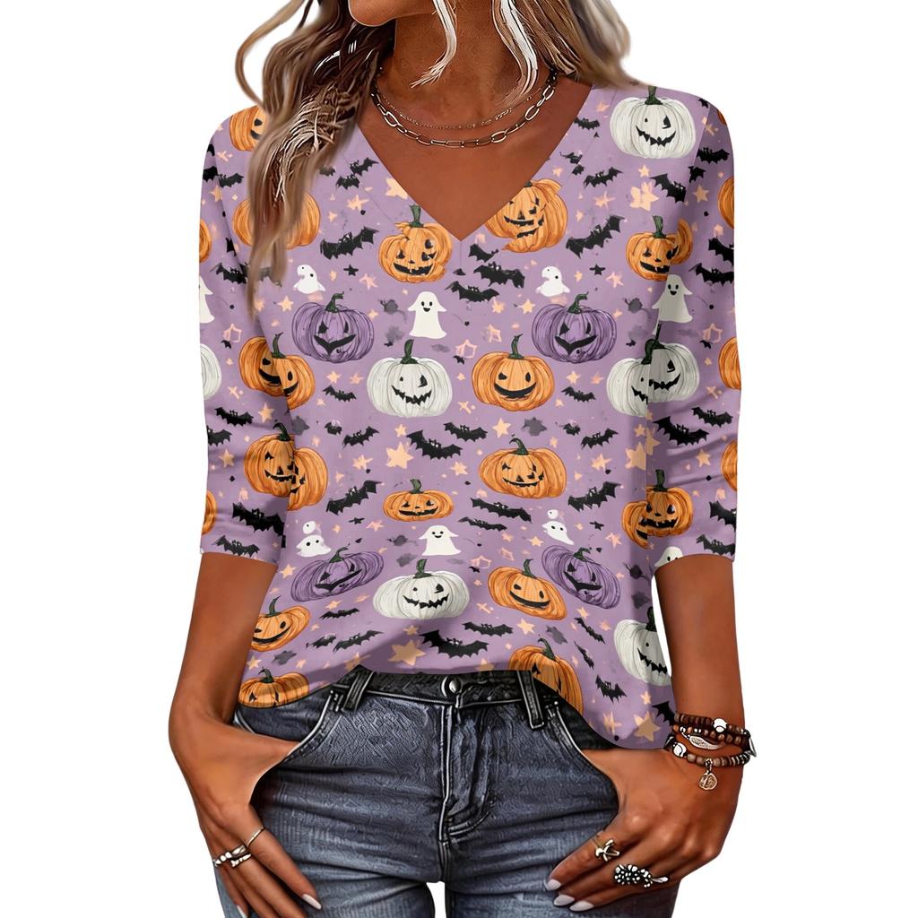 Women's Fashion Casual Halloween Print V-Neck Three-Quarter Sleeve Top