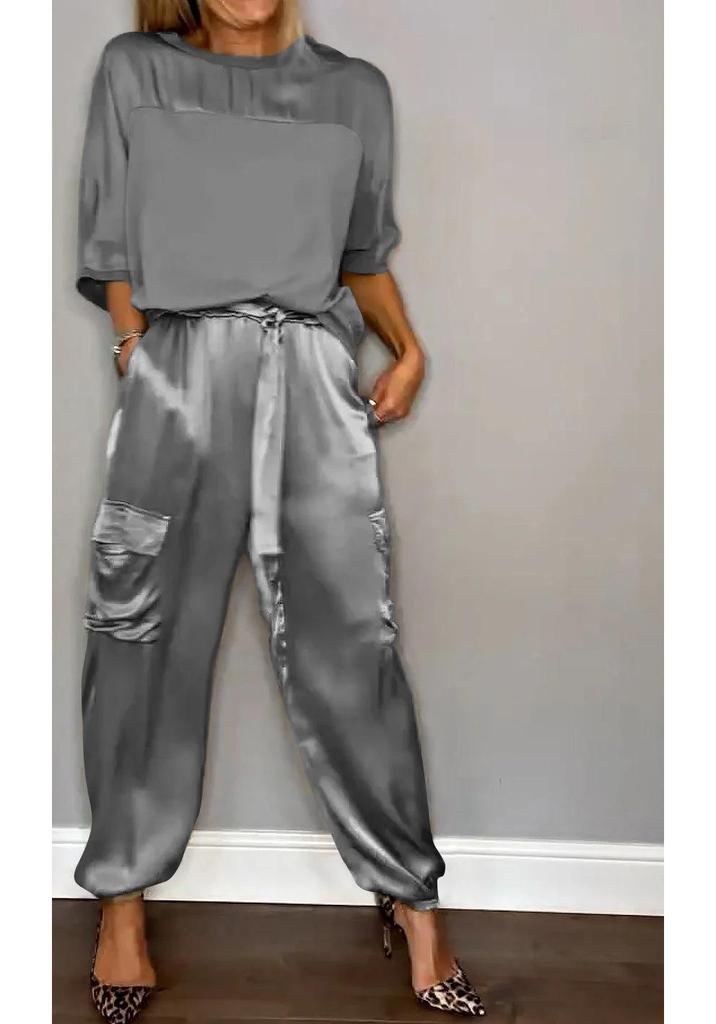 European and American Women's Satin Half-Sleeve Top and Pants Set 2024