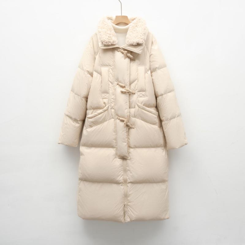 White Duck Down Long Down Jacket Women's Winter New Simple Fur Collar Thickened Loose Knee Coat Tide