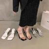 Casual fashion high heel one-word with sandals women's summer new wear square head thin heel rhinestone one-word drag