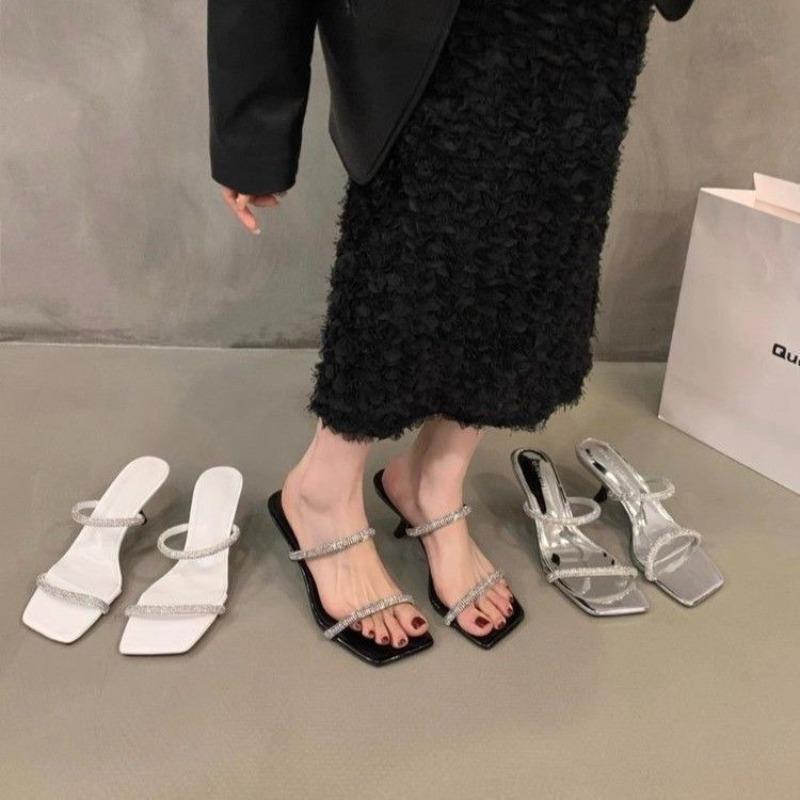 Casual fashion high heel one-word with sandals women's summer new wear square head thin heel rhinestone one-word drag