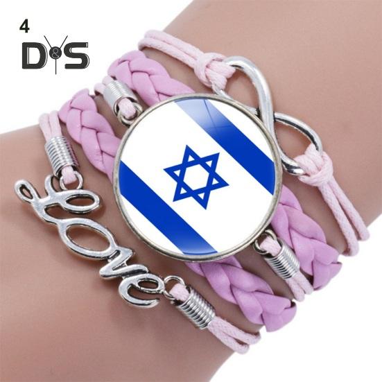 Round Israel Flag Decor Bracelet Multi Layer Adjustable Handmade Bracelet Metal Letter Decor Faux Leather Wristband Jewelry Gift