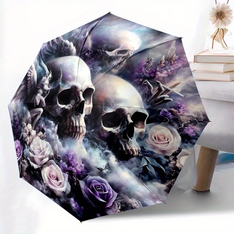 1pc Skulls Angels and Roses Fully Automatic Folding Portable Umbrella, 8 Iron Frames, Three-Fold Design, Suitable for All Seasons, Suitable for O