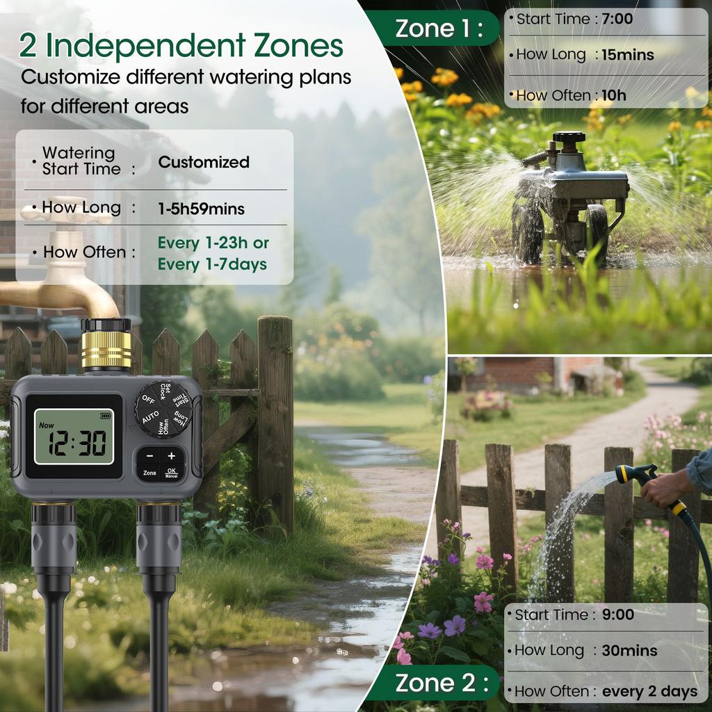 Outdoor Irrigation Valves Double Zone Control BSP 3/4” Brass Fitting IP55 Rate Weatherproof LCD Monitor