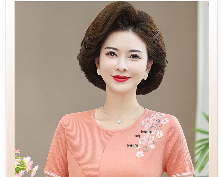 High-End Ice Silk T-Shirt for Middle-Aged Women (50-60) - Short-Sleeved Summer Top for Moms and Grandmas