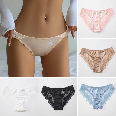 Women Breathable Satin Silk Lace Panties Low-waist Underwear Rhinestone Transparent Sexy Briefs