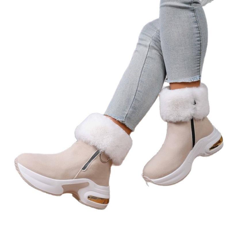 Große Größe Wildleder Schneestiefel Damen Neu Flauschig Kurzer Schaft Mit Fleece Zum Warmhalten Und Erhöhen Der Höhe Modisch Baumwollstiefel