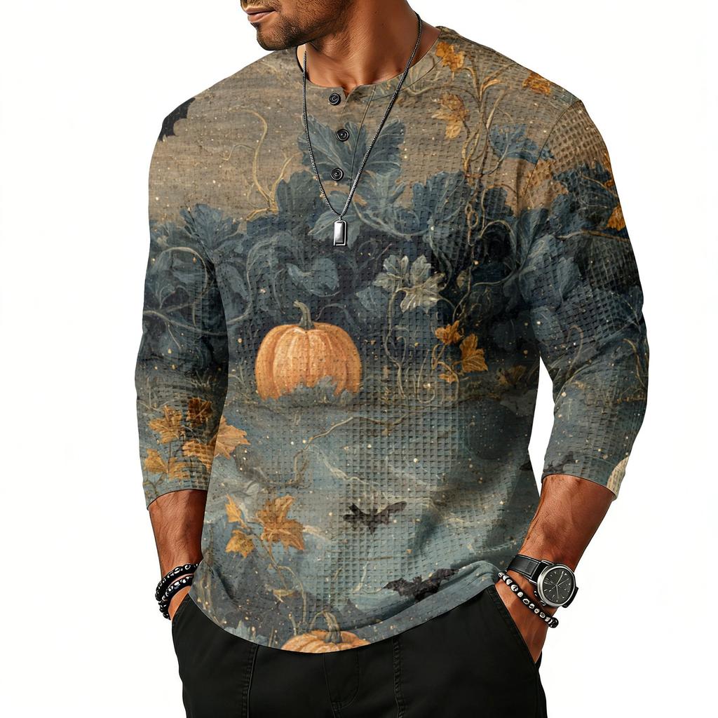 Men's Casual Raglan Sleeve Henley Shirt Three Quarter Sleeve Lightweight Breathable Top with Floral Graphic Print for Everyday Wear