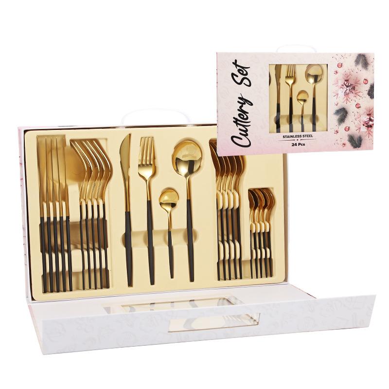 Stainless Steel Tableware Set, Knife, Fork, Spoon, Non-Slip, Kitchenware, Gift Box, Kitchen Dishes, Full Sets, 24 Pcs