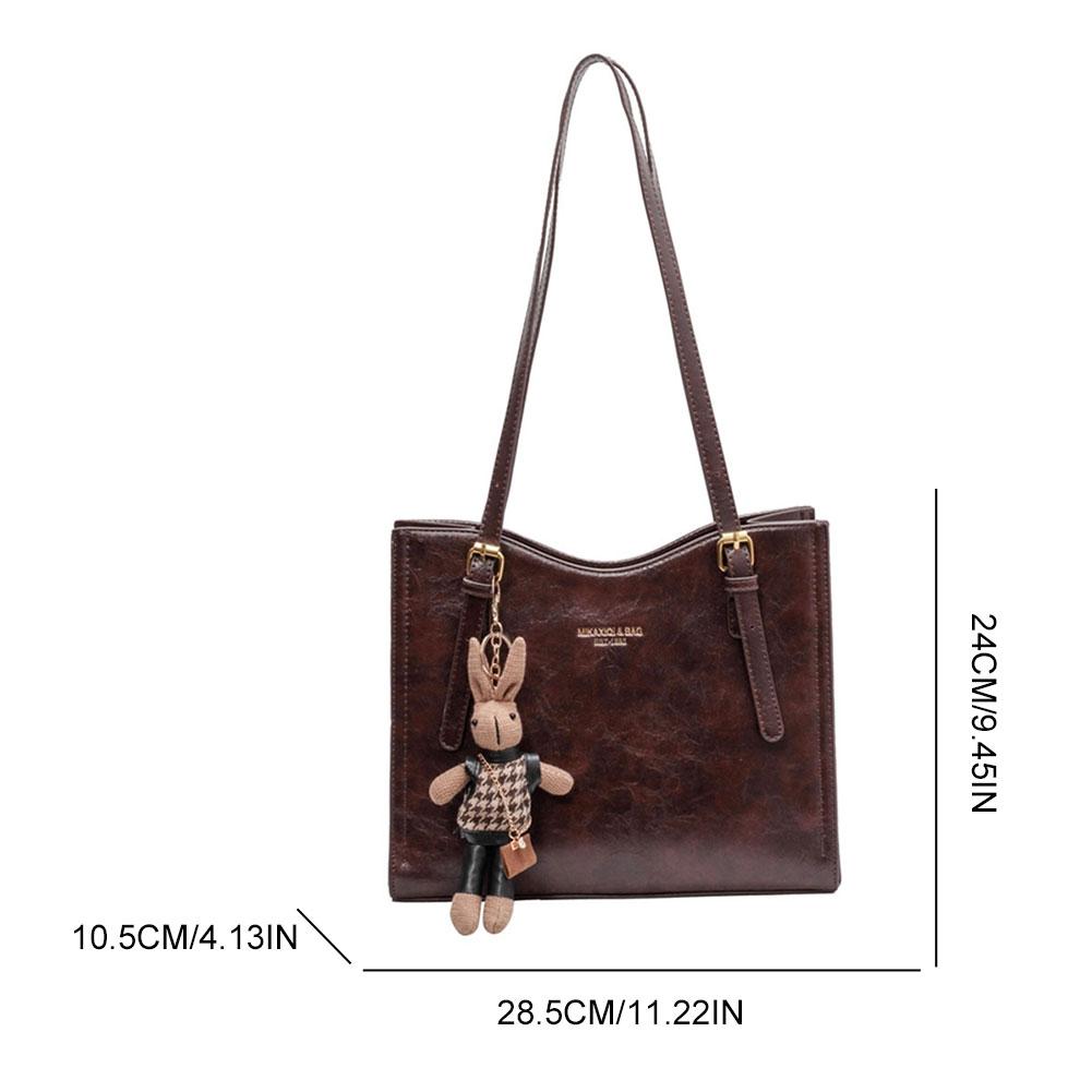 Women's Retro Handbag With Pendant Tote Handbag Large Capacity Fashion Shoulder Bag Ladies Travel Handbag Solid Color Bags