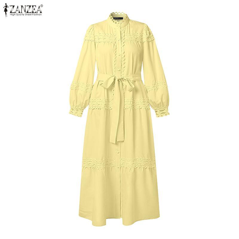 ZANZEA Women Casual Round Neck Long Sleeve Lace Patchwork Long Dress