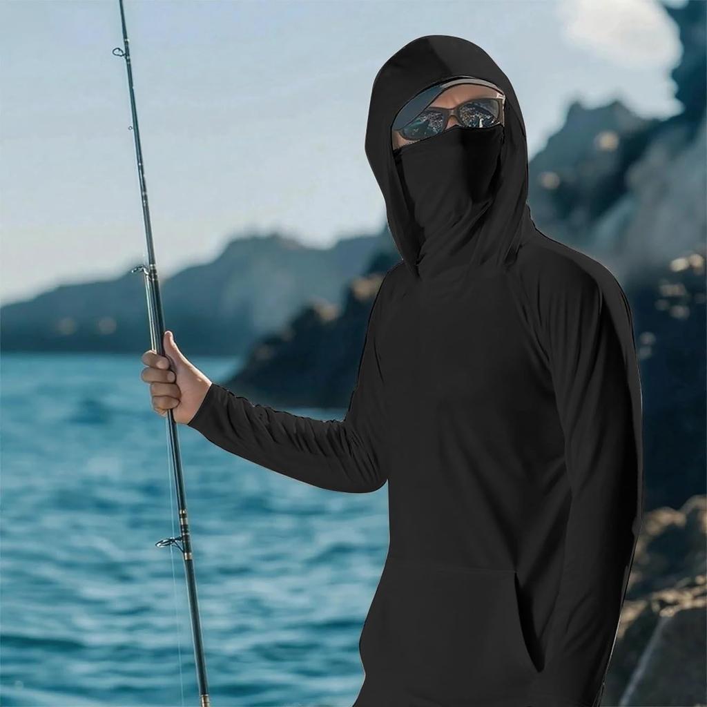 Lightweight Long Sleeve Hooded Shirt with Integrated Face Cover Sun Loose Fit Guard Pullover Top for Outdoor Activities