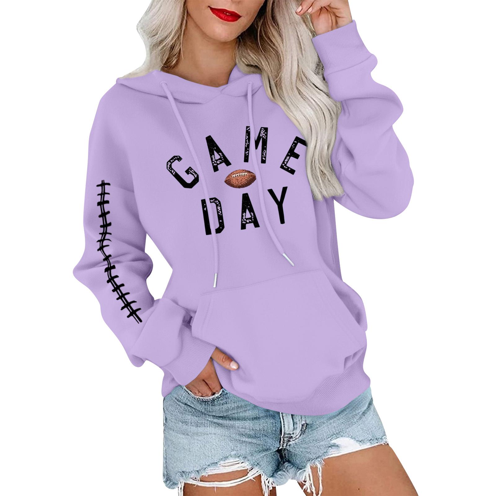 

Женский модный, повседневный, удобный свитер с круглым вырезом, капюшоном, длинными рукавами и принтом в стиле регби XL фиолетовый