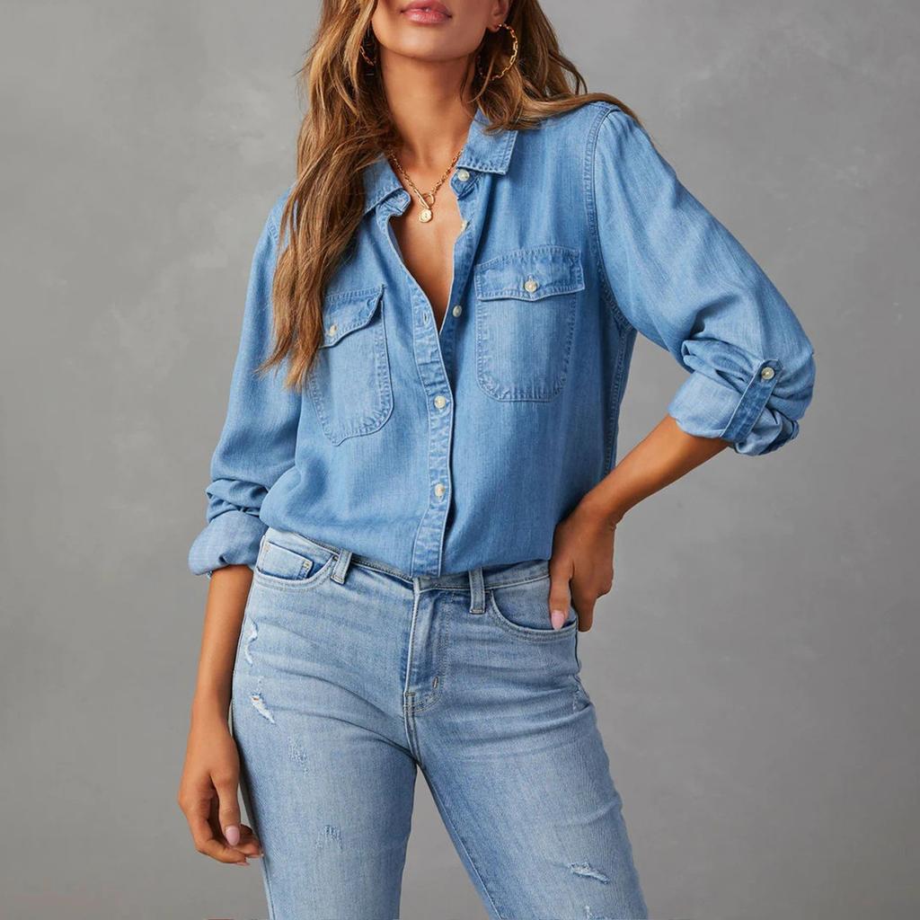 Women Button Down Denim Shirts Casual Long Sleeve V Neck Chambray Blouse Top