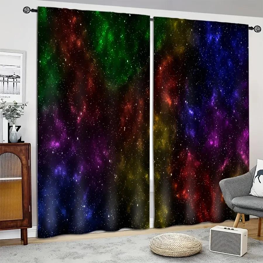 

3D 2 шт. Галактика Сияющие Звезды Шторы, Карманные Карманные Шторы Космического Звездного Неба С Печатным Изображением Звезд, Оконные Шторы Для Гостиной Kitc W65X60H(cm)X2Pcs&Grommet Top