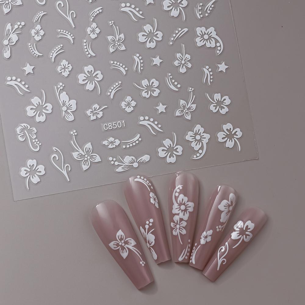 5D Hibiscus Flower Nail Embossed Sticker Lace Flower White Pink Petal Floral Self Adhesive Nail Art Slider DIY Elegant Romantic