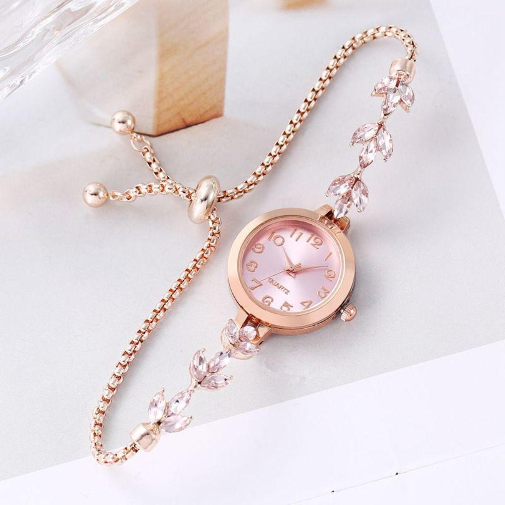 Numeral Dial Women Bracelet Watch Violet Leaves Diamond Setting Elegant Quartz Watch Round Alloy Case Adjustable Luxury Watch