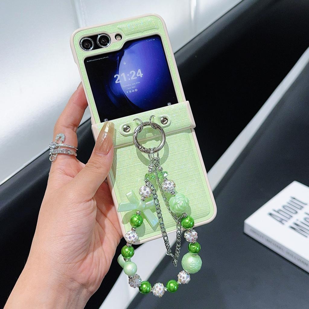For Samsung Galaxy Z Flip7 FE 5G/Z Flip6 5G Case Hinge Protection Leather+PC Phone Cover with Beaded Strap