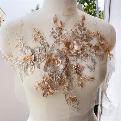 Gold  Beaded Beautiful Large Piece Handmade Pearls Crystal Rhinestone Patch Wedding Dress Applique Accessories
