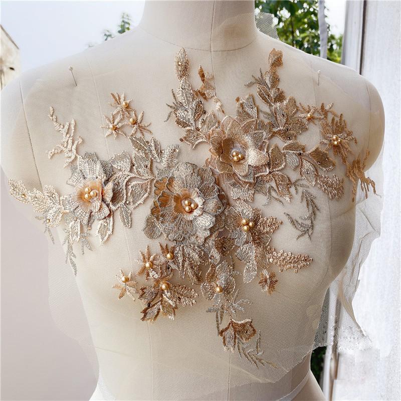 Gold  Beaded Beautiful Large Piece Handmade Pearls Crystal Rhinestone Patch Wedding Dress Applique Accessories