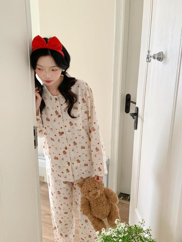 New pajamas women's pure cotton polished Internet celebrity coconut loungewear simple and cute lapel long-sleeved trousers set