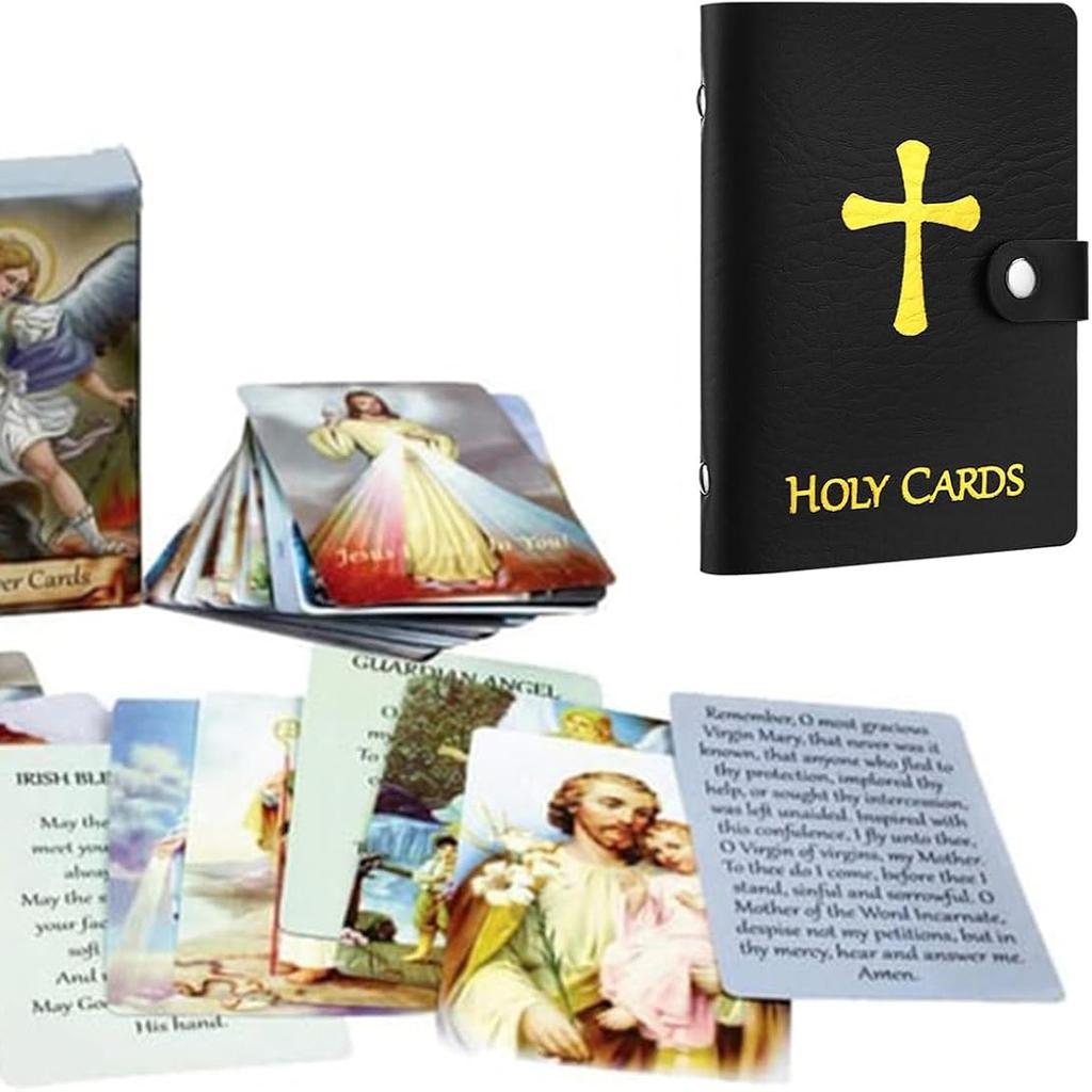 54 Catholic Prayer Card Set with Genuine Leather Holder Pocket Holy Card Organizer for Mass Daily Prayer & Religious Gifts