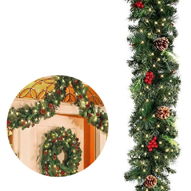 Garland 6ft Christmas Led Light Up Wreaths Red Berry Rattan Xmas Fireplace Decor