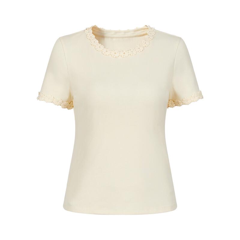 Jiuzi Annacau Elegant Flower Beaded Round Neck T-Shirt