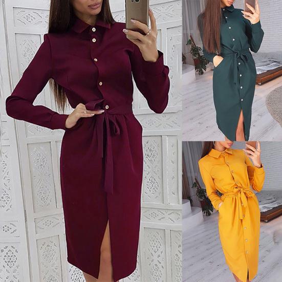 

Модный выбор Женщины Однобортные Пуговицы Длинный Рукав Нагрудный воротник Вечеринка Платье