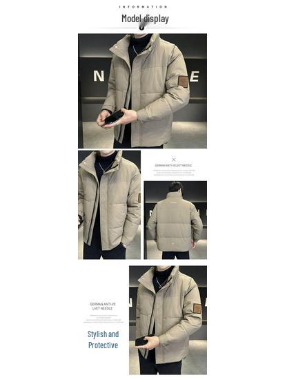 Men's Fashionable Stand Collar Down Jacket - 50% White Duck Down, Available In Black and Khaki