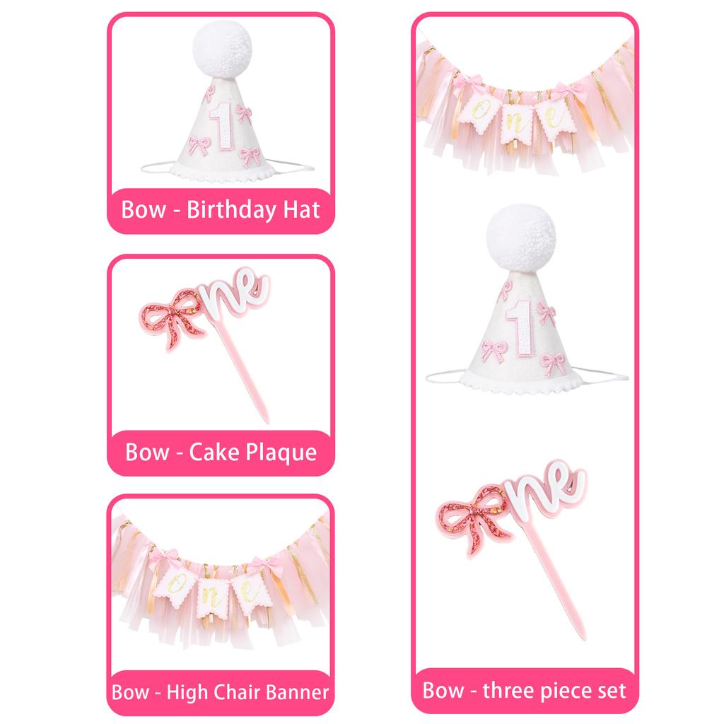 Pink Bow 1st Birthday Decorations  1st Birthday Party Hat First Birthday High Chair Banner 1st Birthday Cake Topper 1st Birthday