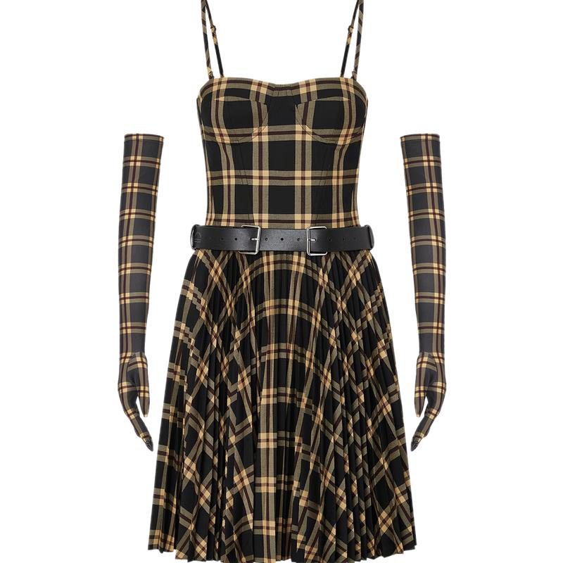 MO&Co. Pleated Plaid Boned Bustier Dress with Detachable Elements
