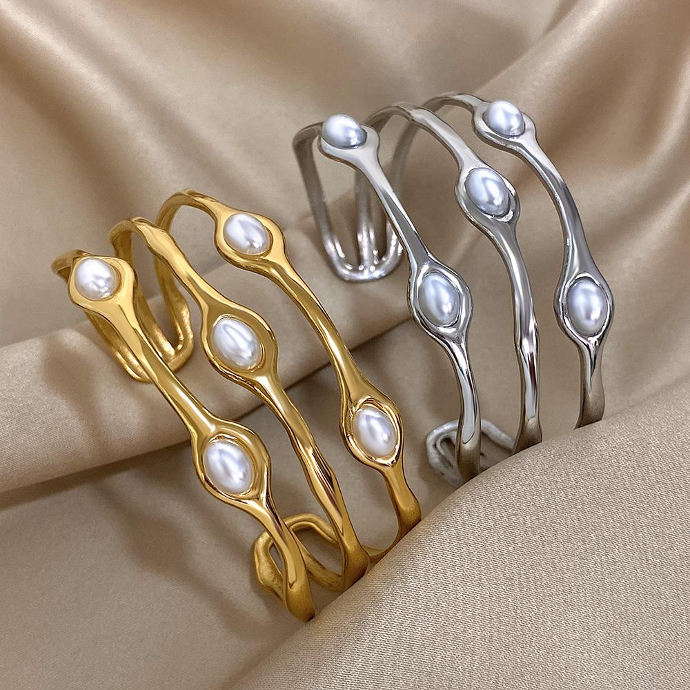 Vintage Layered Gold Plated Pearl Stainless Steel Bracelets for Women Men Bohemia Wide Cuff Open Wrist Party Jewelry Gift